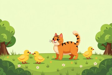 Obraz premium Bright illustration of a cat with chicks in a lush green setting, showcasing playful interaction among them. Concept features a cat with chicks, highlighting adorable animal friendships.