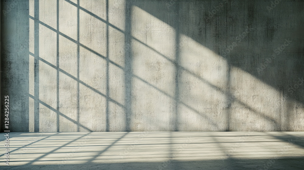 Poster panoramic window casting a grid-like shadow on a concrete-textured wall. neutral tones in an empty s