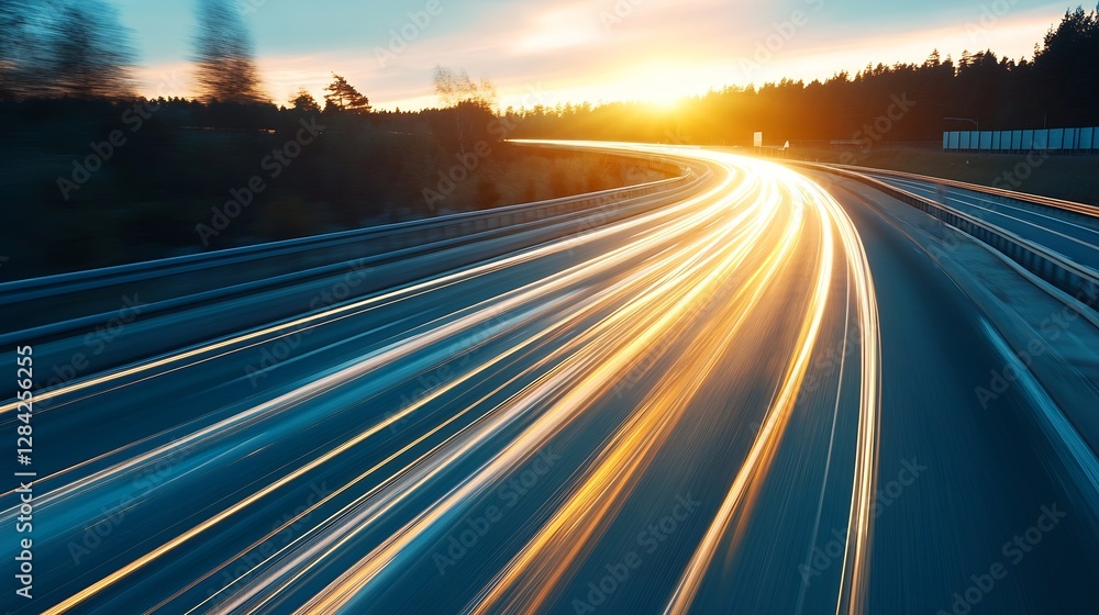 Aufkleber dynamic motion blur of car lights on a winding road captured during sunset with a glowing horizon : 