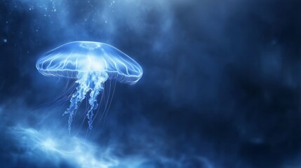 Radiant Jellyfish Floating Gracefully in Deep Blue Ocean with Bioluminescence