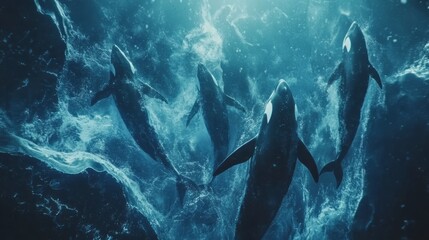 Obraz premium Pod of Whales Swimming Together in Deep Blue Ocean with Mystical Lighting