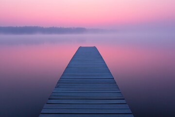Fototapeta premium Tranquil Wooden Dock Over Calm Water at Dawn with Pink Hues