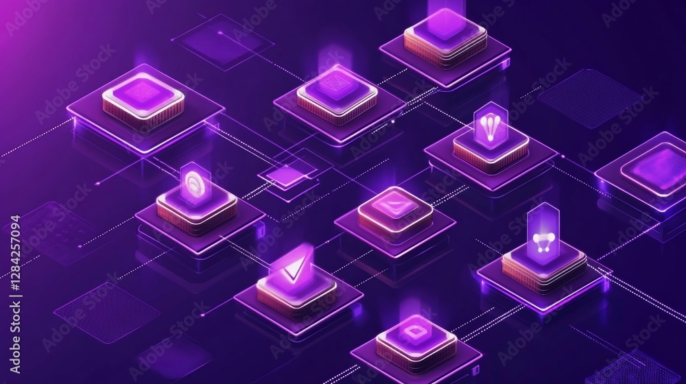 Aufkleber abstract network visualization: interconnected digital cubes and glowing icons
