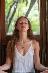 Fototapeta premium A woman is sitting in a room with a green necklace around her neck. She is wearing a white tank top and she is in a relaxed state