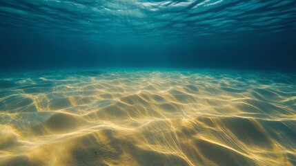 Naklejka premium Sunlight Dancing on Sandy Seabed Underwater with Clear Turquoise Water