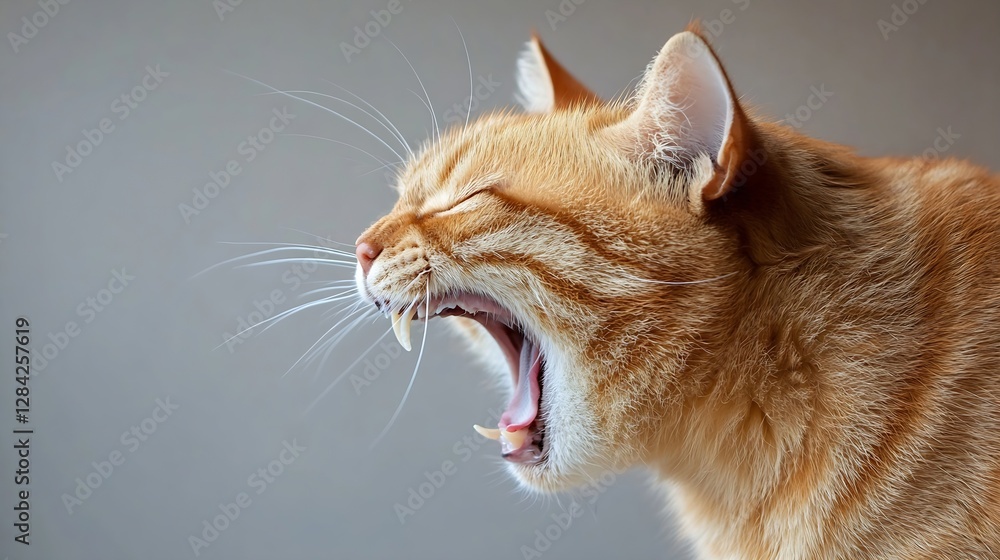 Poster Close Up of an Orange Tabby Cat Yawning in a Soft Natural Light Setting : Generative AI