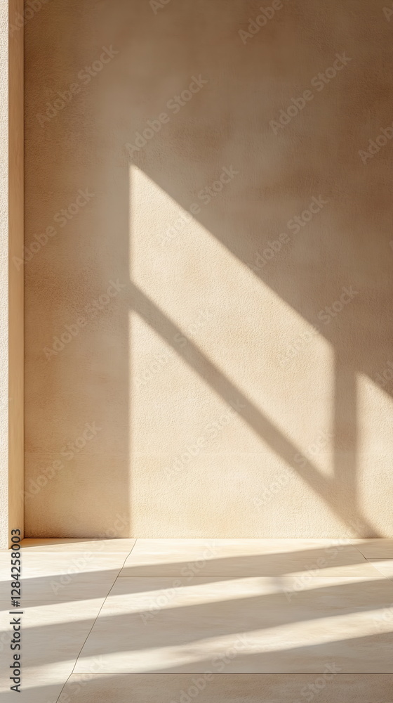 Poster soft light casting long shadows from a window on beige wall. sun rays filter into minimalist empty r