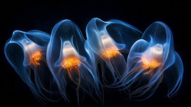 Translucent Comb Jellyfish Bioluminescence in Dark Ocean Water Underwater Photography - Powered by Adobe