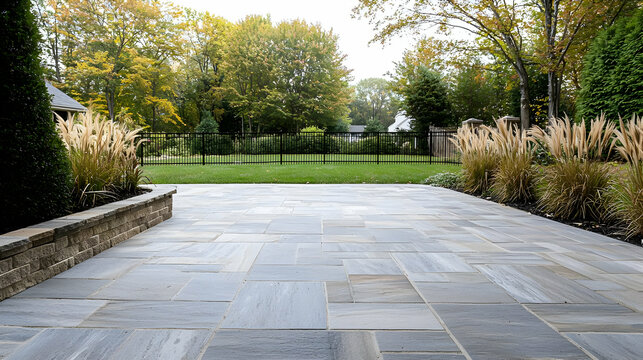 Textured Gray Stone Patio With Green Grass and Ornamental Plants Under Clear Sky
