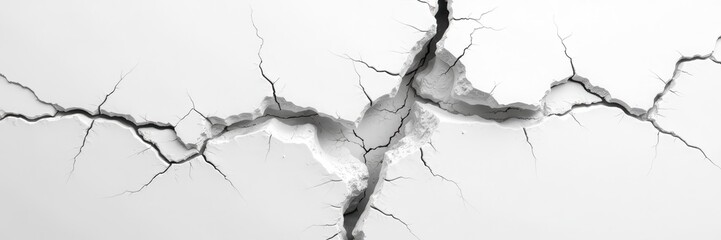 White wall with large earthquake cracks Extensive fracturing, severe damage , concrete, fracture