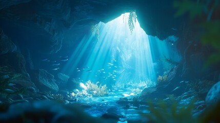 Underwater Cave with Sun Rays Illuminating Blue Water and Lush Green Vegetation