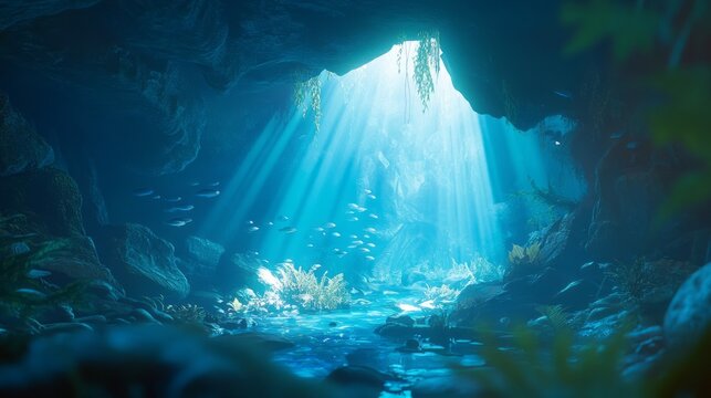 Underwater Cave with Sun Rays Illuminating Blue Water and Lush Green Vegetation