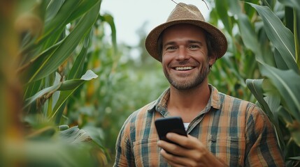 Obraz premium Radiating joy, a young modern model stands confidently in a vibrant cornfield wearing a straw hat and a plaid shirt while engaging with his smartphone. The surroundings showcase nature’s beauty