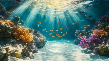 Underwater View of a Coral Reef with Various Colorful Fish and Sunlight