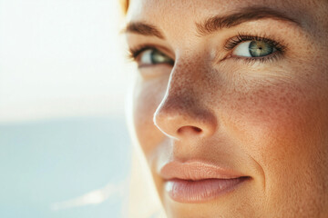 Obraz premium Close-up portrait of a woman with radiant freckled skin and soft natural light 