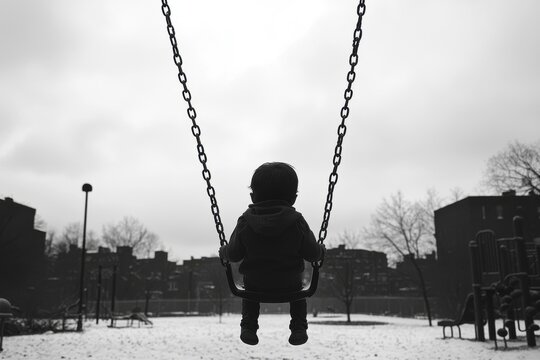Black and white view of a child on a swing in winter, the chains of the swing leading upwards to a cloudy sky, snow covered playground.