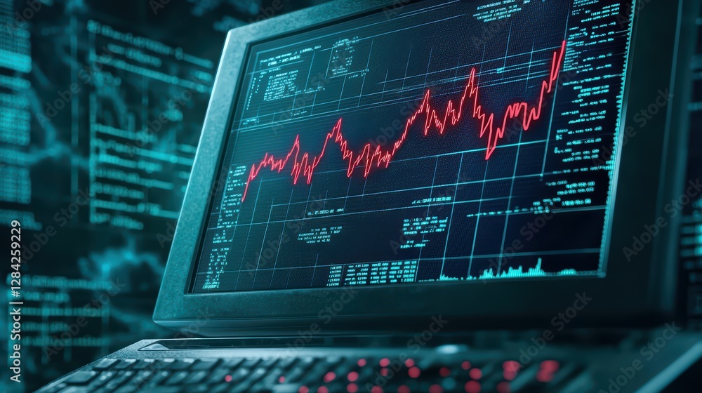 Poster cinematic shot of a declining stock graph on computer screen
