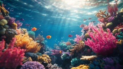 Vibrant Coral Reef Ecosystem with Diverse Fish and Sunbeams in Turquoise Water
