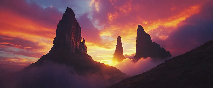 Majestic mountain peaks rise from the mist during a stunning sunset, with vibrant clouds illuminating the sky, representing nature's power and beauty.