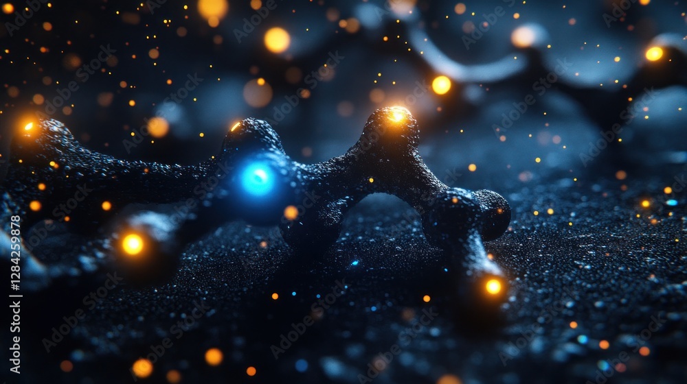 Poster abstract molecular structure in dark background with glowing particles