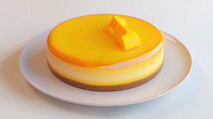 Delicious mango mousse cake with yellow glaze and cubed toppings on white plate