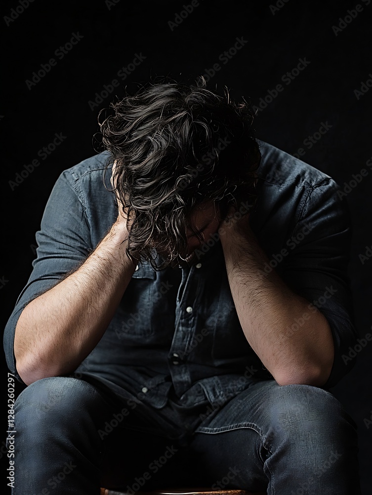 Poster Man in Casual Attire Sitting with Head Down in a Contemplative Pose in Dark Setting : Generative AI