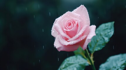 Close-Up of Delicate Pink Rose Covered in Water Drops