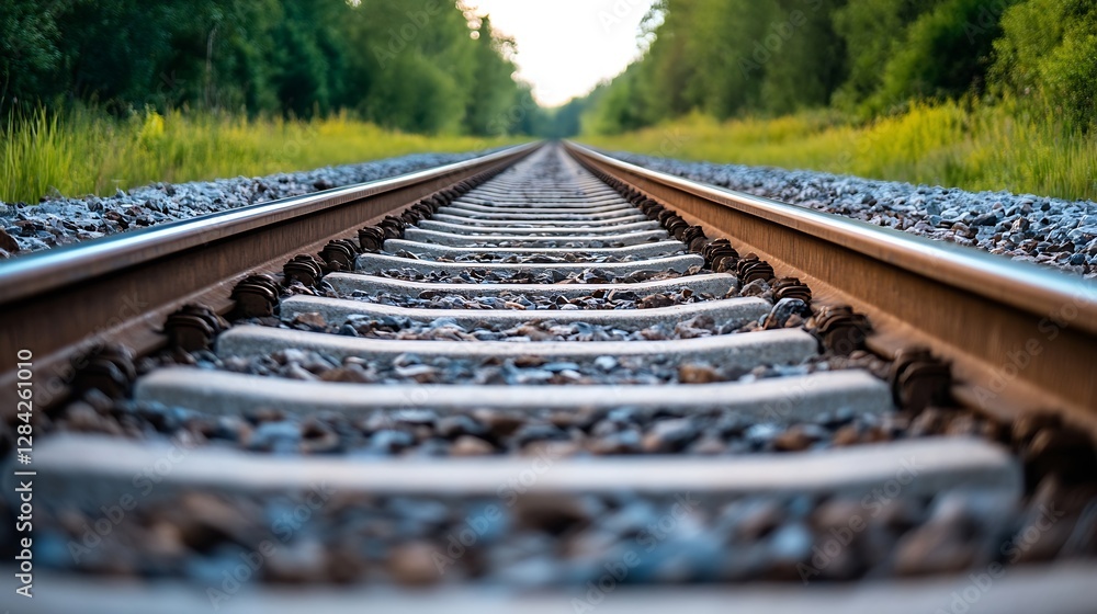 Poster straight view of railway tracks stretching into the distance surrounded by lush greenery depicting t