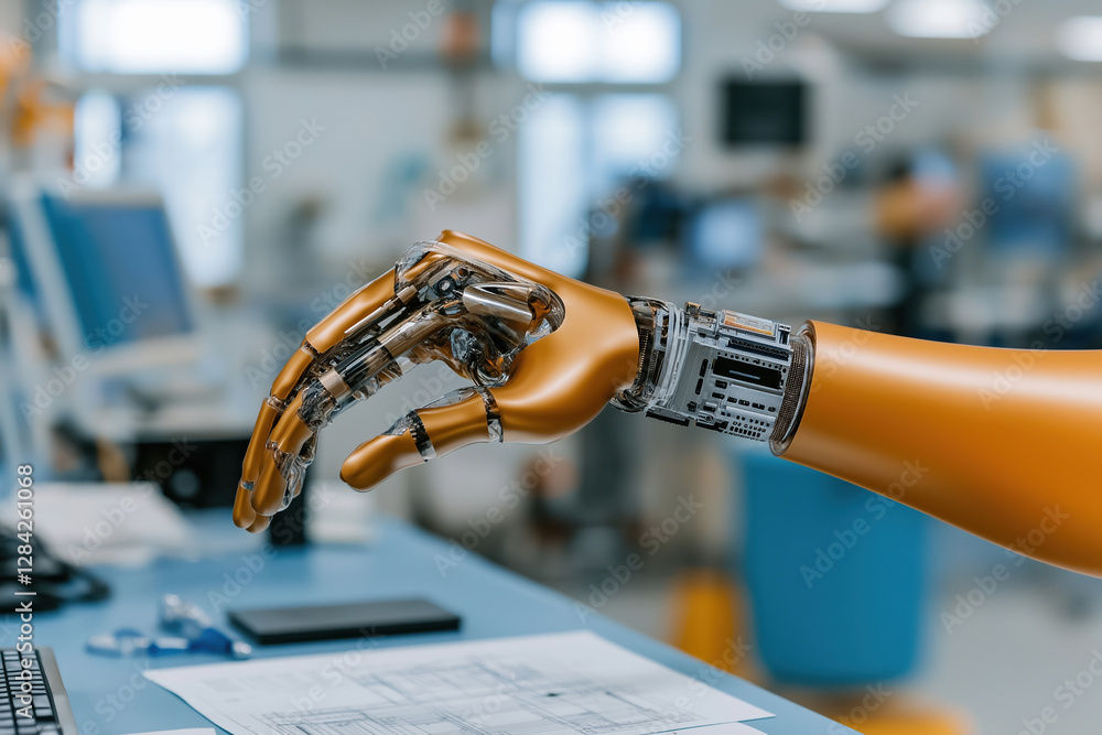 Poster robotic hand demonstrating precision engineering in a modern laboratory setting