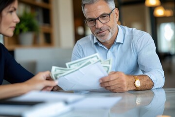 Fototapeta premium An individual is shown receiving cash in a sophisticated office environment, highlighting themes of transaction, professionalism, and modern financial interactions.