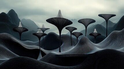 Surreal Landscape With Dark Mountains And Unique Mushroom Shapes