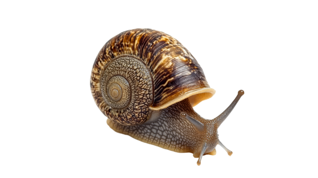 Snail with spiral shell moving on a white surface