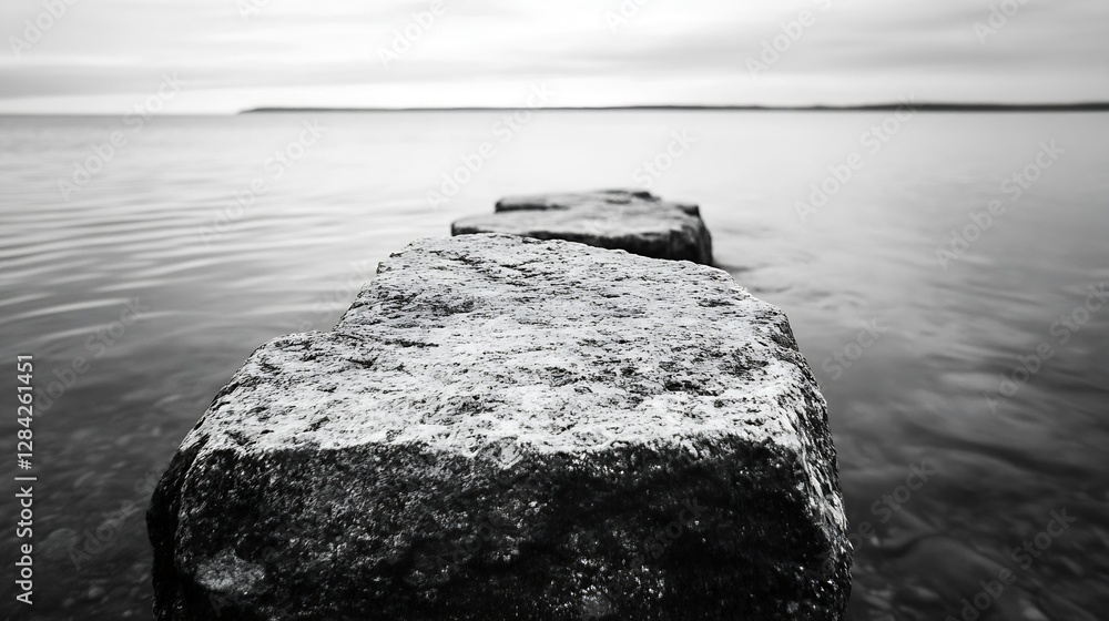 Poster black and white photograph capturing a serene pathway of stones leading into calm waters under a clo