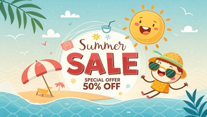 Cheerful Cartoon Summer Sale Announcement Featuring Sun, Beach, Umbrella, and Discount Promotion for Exciting Seasonal Offers