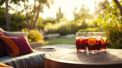 Moderate drinking at a scenic patio, enjoying sangria on a sunny afternoon. Featuring relaxation and indulgence