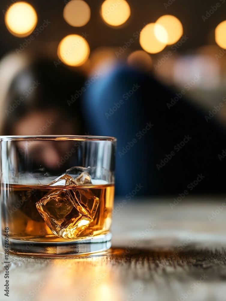 Poster Rich Golden Brown Whiskey in a Glass with Ice Cubes on a Rustic Wooden Table Surrounded by Soft Bokeh Lights : Generative AI