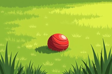 Bright red chew toy ball rests in lush green grass, inviting playful moments. Concept highlights importance of chew toy ball in enhancing pet playtime experience.