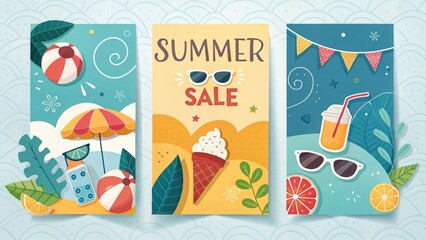Colorful Summer Sale Banner with Tropical Elements Featuring Ice Cream, Beach Balls, Sunglasses, and Refreshing Drinks for Promotional Design
