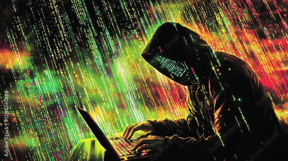 Aufkleber mysterious hacker in neon cyber world coding on laptop dark digital tech futuristic privacy breach s