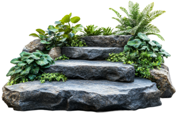 Rock garden with lush greenery and steps