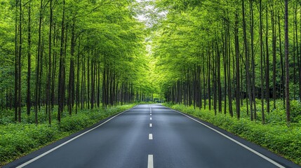 Fototapeta premium Serene tree-lined road in a lush green forest, inviting exploration and tranquility