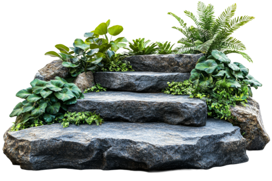 Rock garden with lush greenery and steps