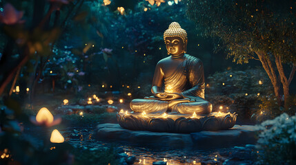 Serene meditation by glowing buddha statue in tranquil night garden. Luminous Garden Statue. Illustration
