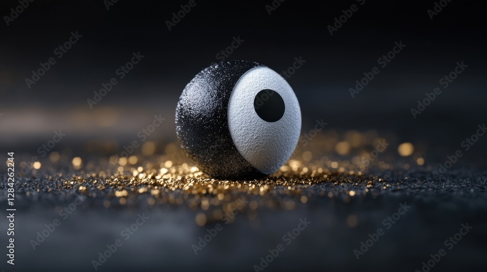 Poster a spherical object, half black and textured, half white and smooth, with a central black hole, rests