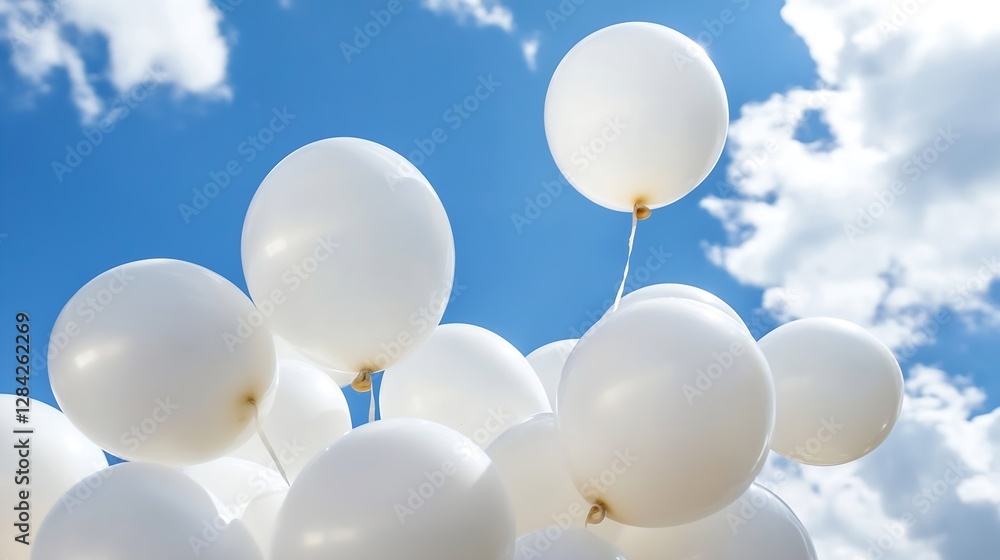 Poster colorful white balloons floating against a bright blue sky with fluffy clouds : generative ai