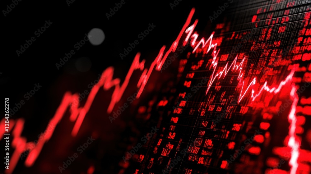 Poster a close-up shot of a stock market ticker display screen with red numbers and a jagged line graph aga