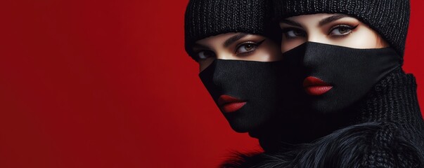 Mysterious women in black masks against red background with intense eyes and red lips