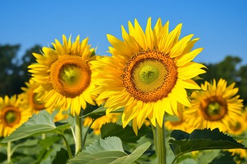 Fototapeta premium Vibrant Sunflowers Blooming Under a Clear Blue Sky in Summer Field