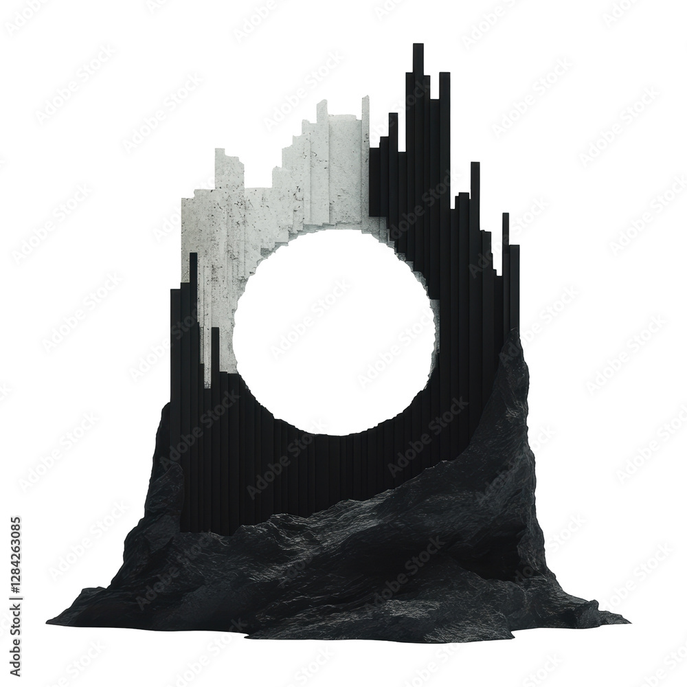 Poster abstract geometric structure with circular opening made of black and white vertical elements rising 