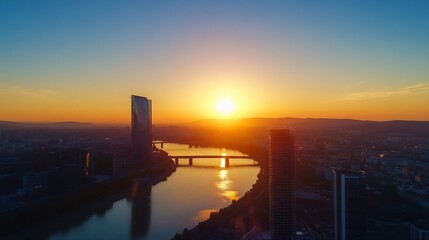 Stunning Sunset Over a City Skyline Reflecting on a Calm River Surface : Generative AI